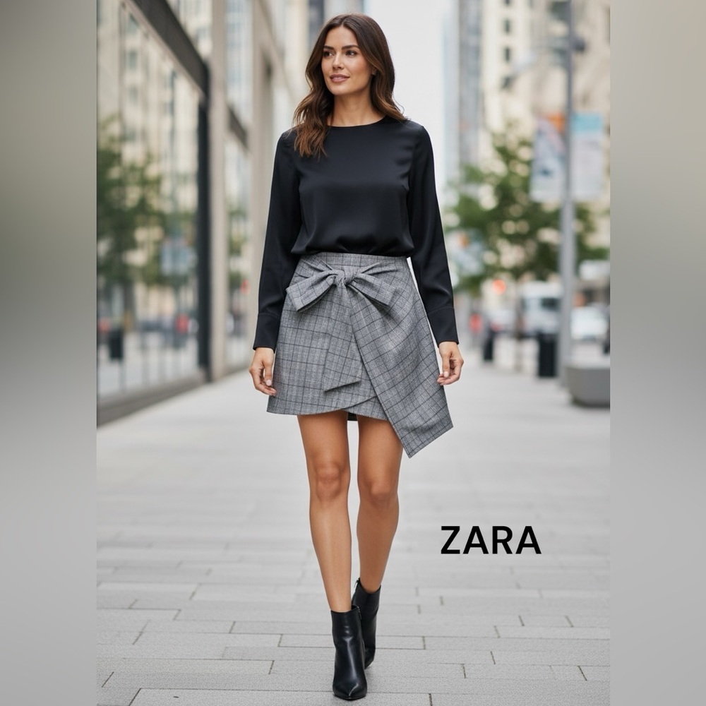 ZARA Black & White Houndstooth Plaid Asymmetrical Skirt L